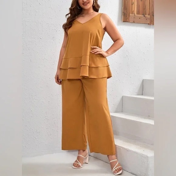 Emery Rose | Plus Solid Tank Top & Wide Leg Pants Ginger Boho - Picture 4 of 5